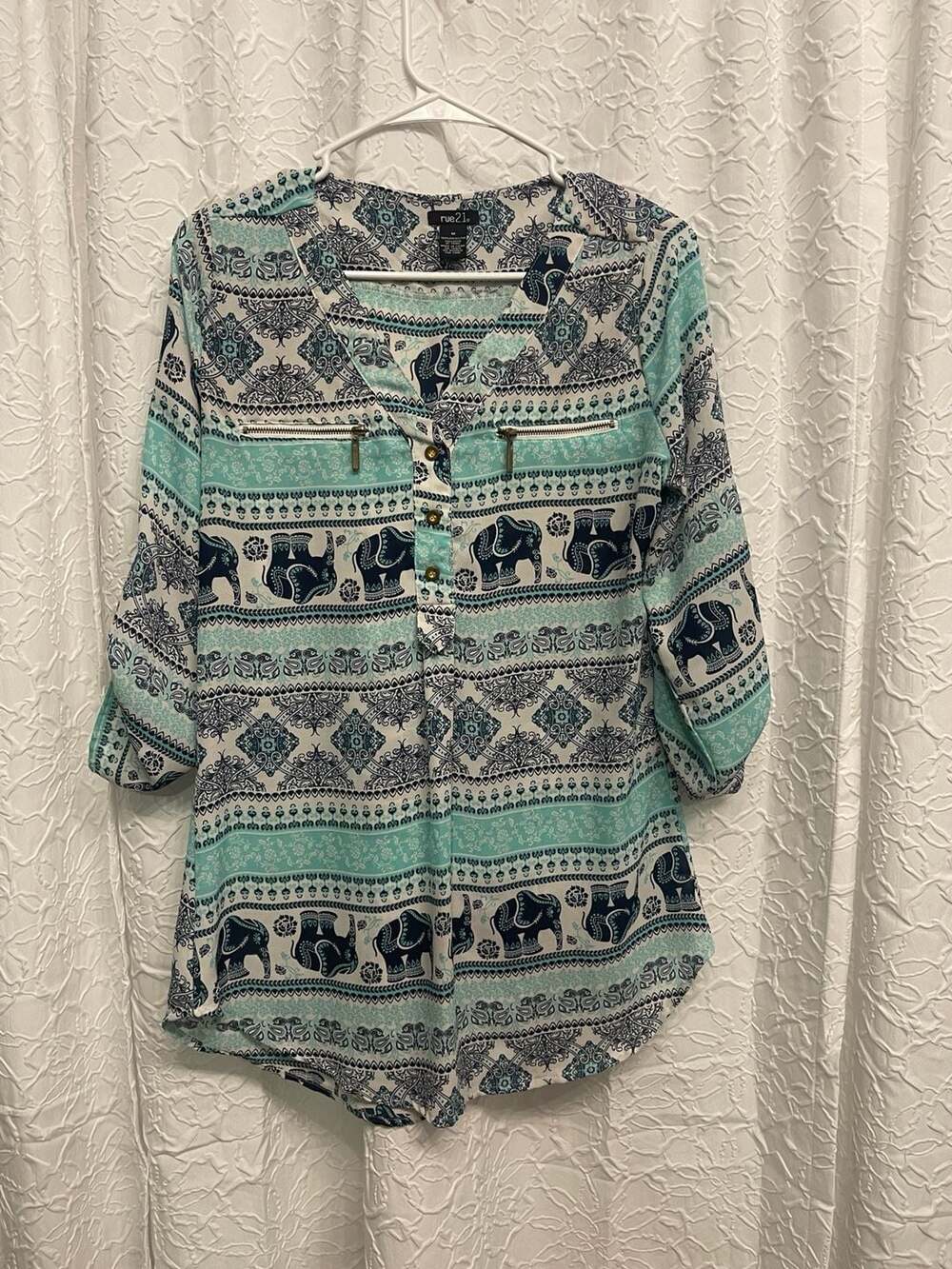 Rue21 Elephant Blouse Size M Teal Blue White Boho Tunic Top